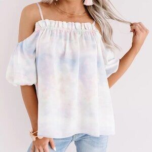 FATE Tie Dye Watercolor Pink Blue Cold Shoulder Ballon Sleeve Blouse Small